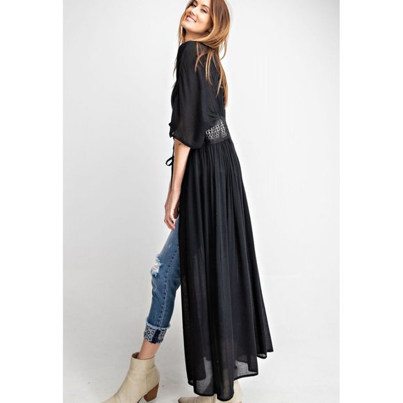 Sheer Black Crochet Maxi Kimono - Picture 2 of 7